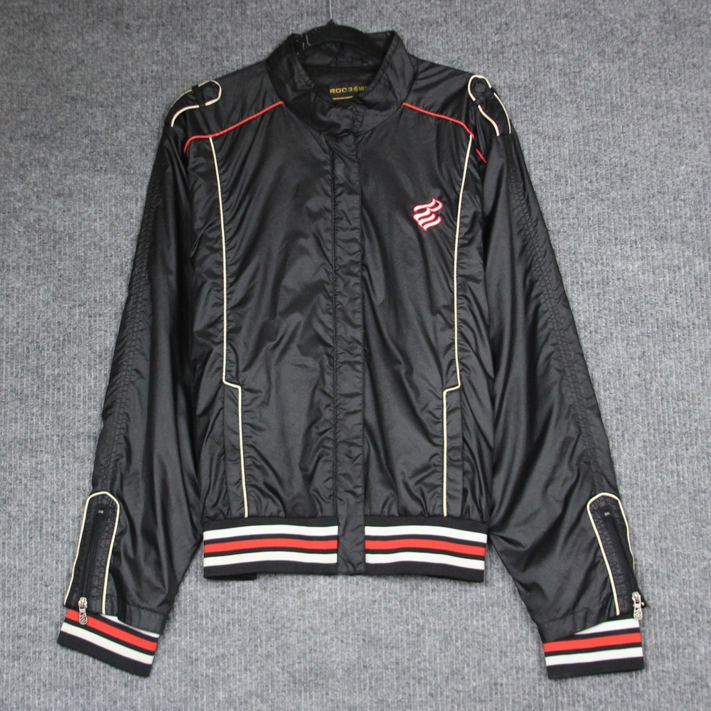 Rocawear Denim Black Bomber‎ Jacket Nylon Embroidered Womens Y2K
